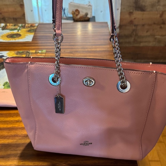 Coach Pink Textured Leather Tote with Chain Handles - Picture 5 of 13